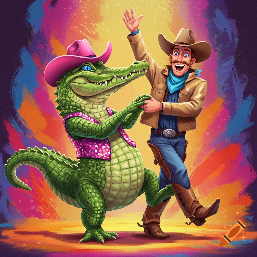 Cartoonish alligator in pink hat and vest dancing with a cowboy. Vibrant illustration.