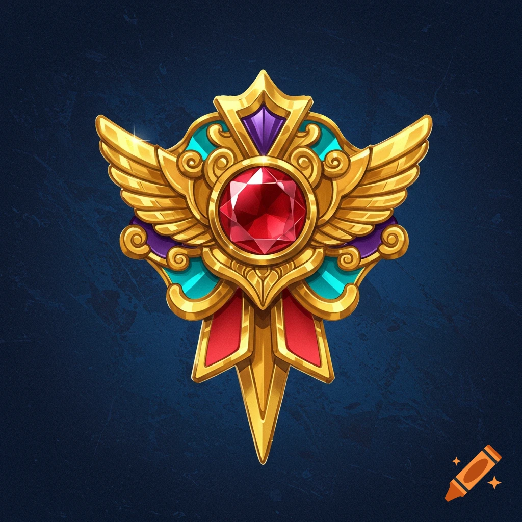 A detailed golden pin with wings, a red gem, and ribbon accents.