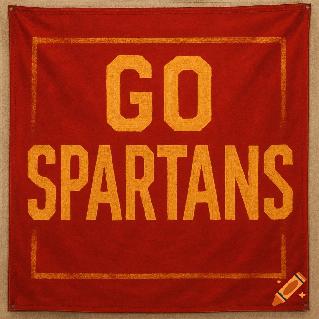 Red fabric banner with orange text GO SPARTANS.