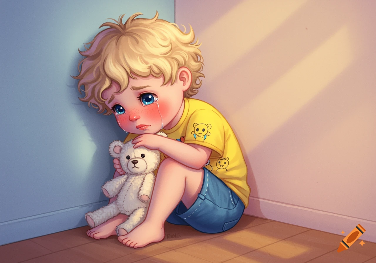 Illustration of a crying boy sitting in a corner holding a teddy bear.