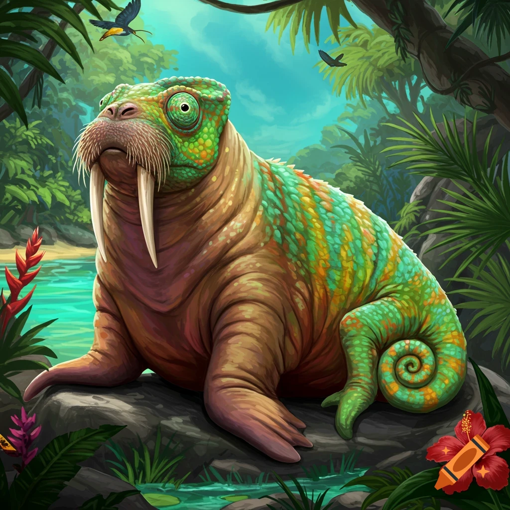 Illustration of a walrus and chameleon hybrid creature sitting on a rock in a tropical jungle.