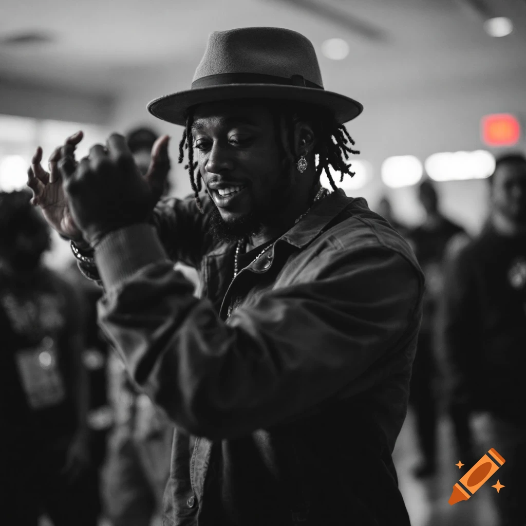 Black and white photo of a man in a hat dancing.