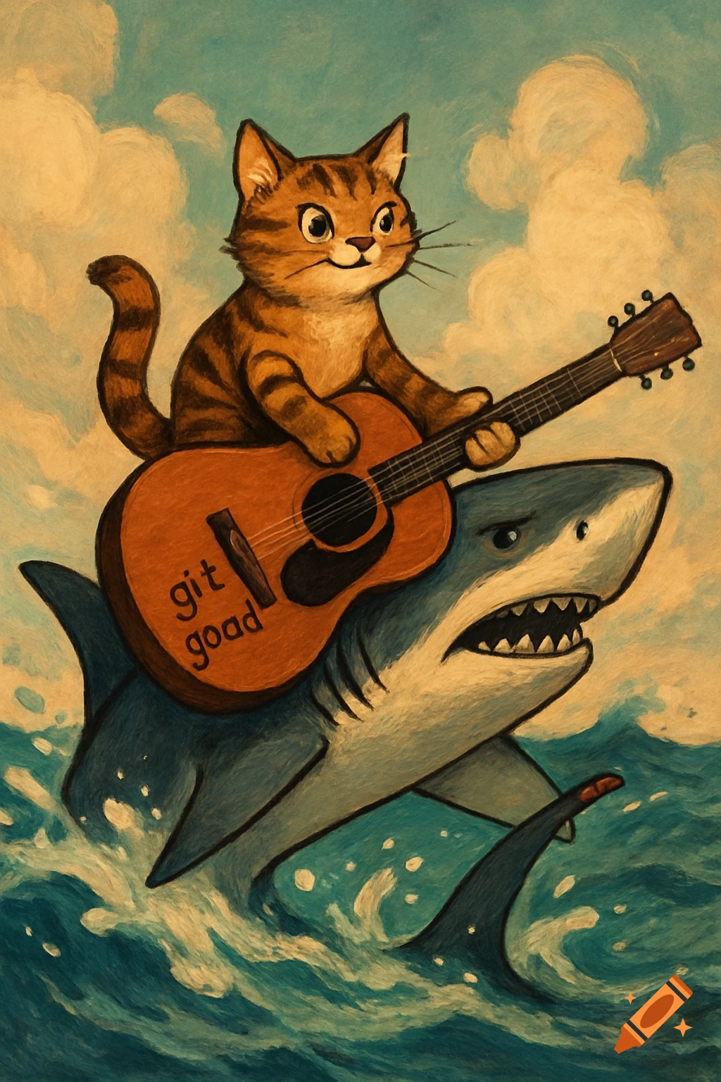 Cartoon cat riding a shark while playing a guitar on the ocean waves.