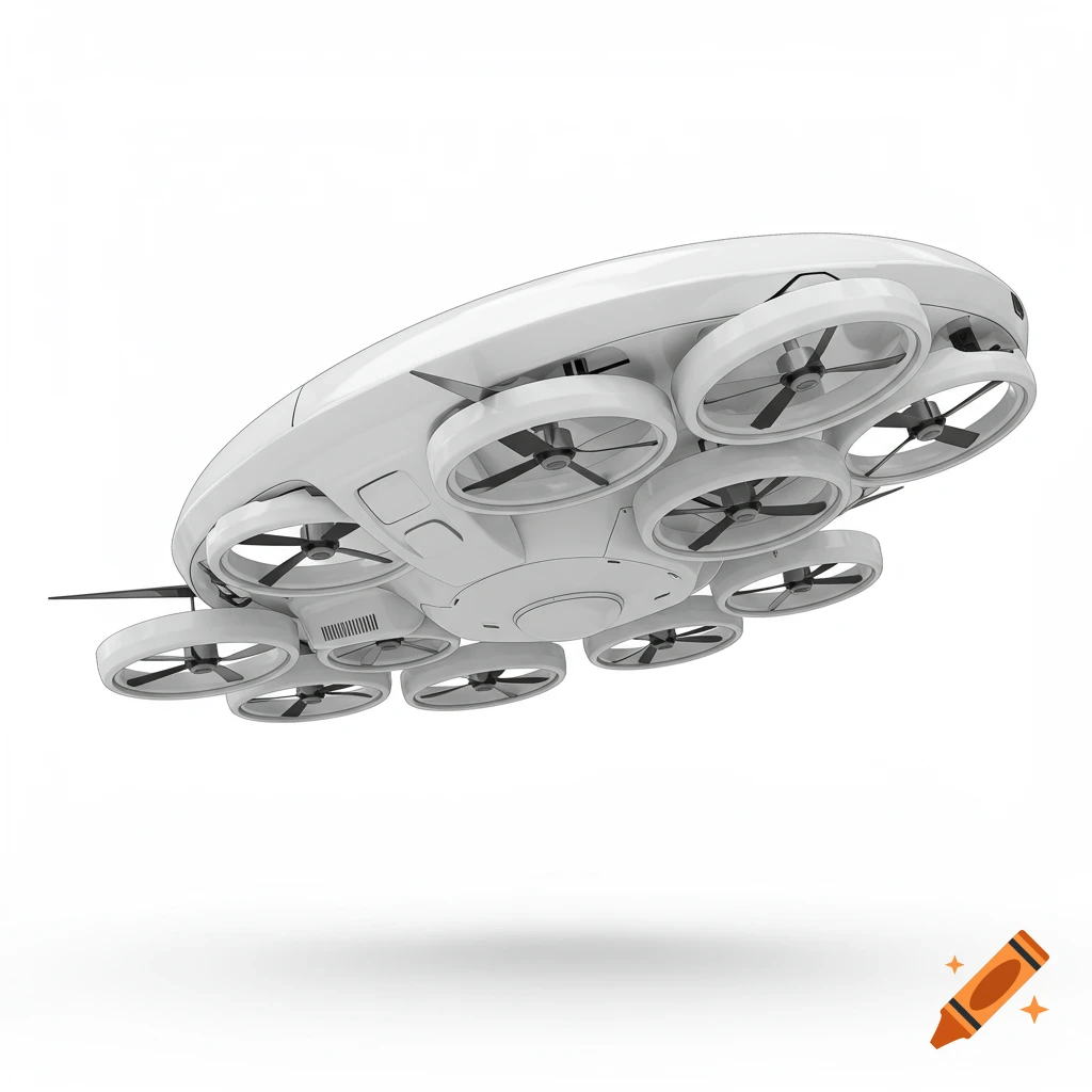 A white, round, futuristic drone with multiple rotors, 3D rendered on a white background.
