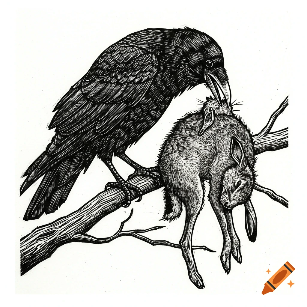 Black and white linocut of a crow holding a dead hare on a branch.