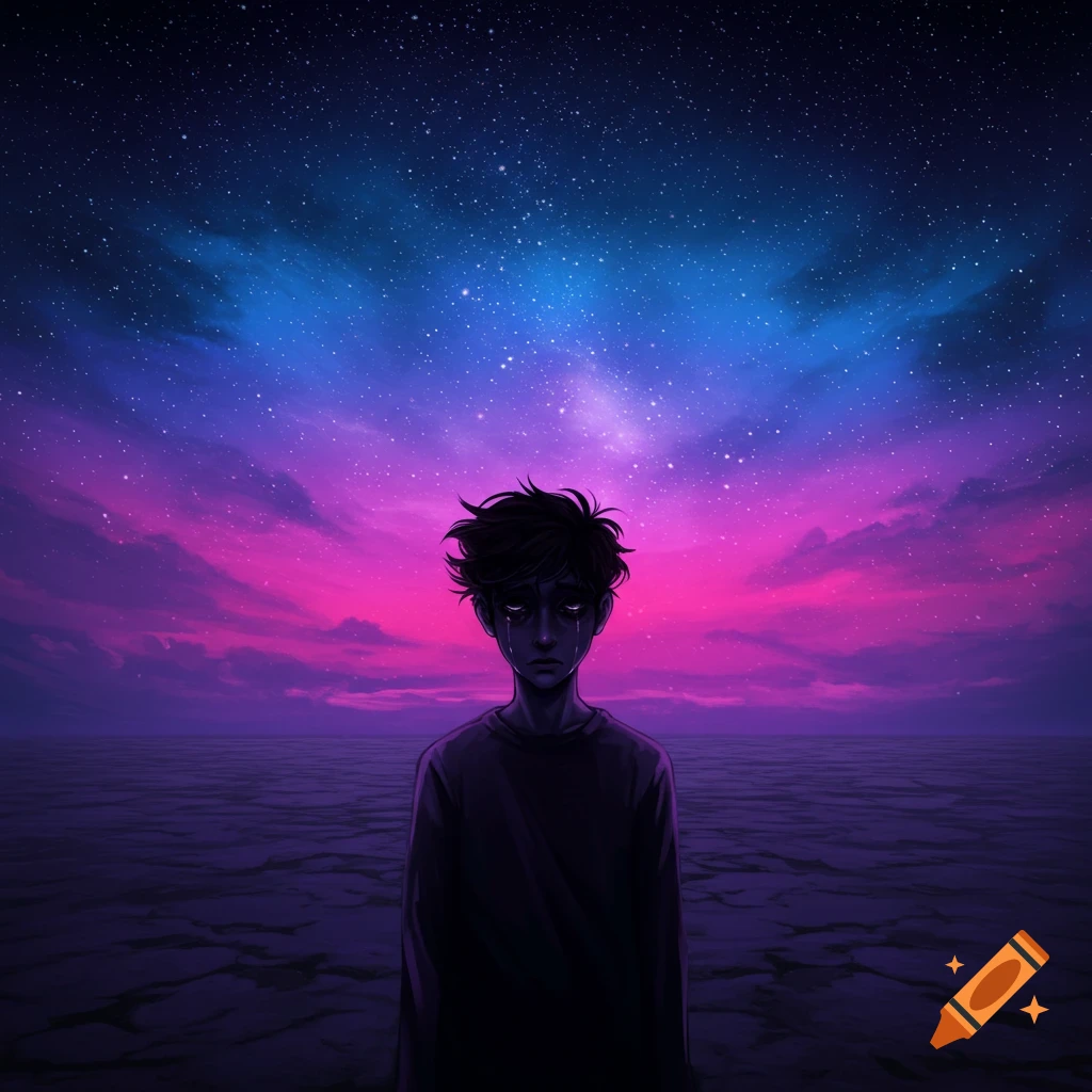 Illustration of a sad boy crying under a vibrant, starry purple and blue sky over a desolate landscape.