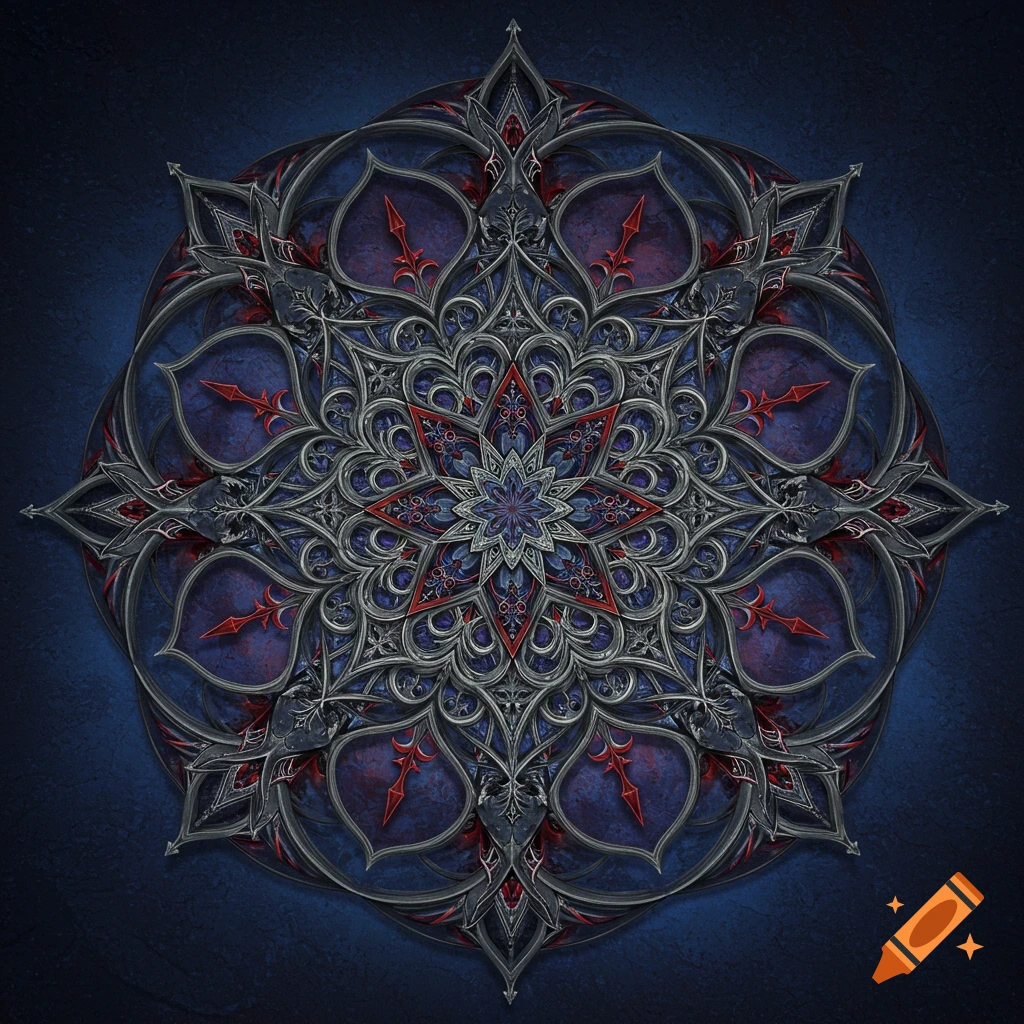 An intricate gothic mandala in deep blues, reds, and metallic grays.