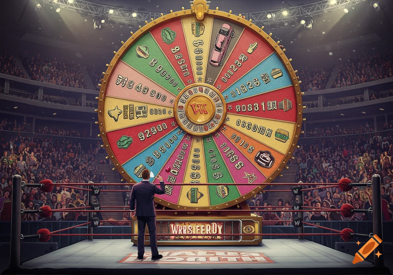 A large, colorful game show wheel stands in the center of a wrestling ring, with a man in a suit standing before it.