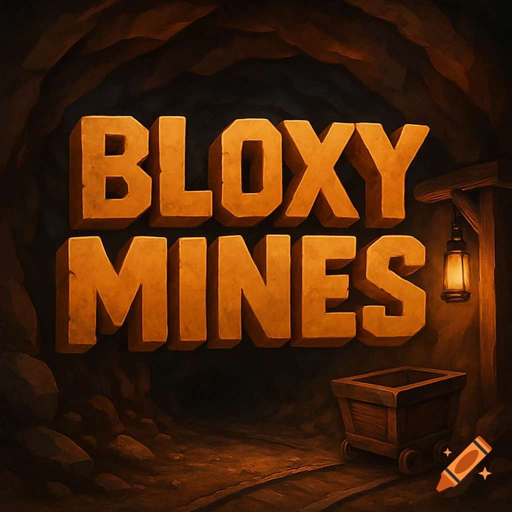 The text BLOXY MINES in a cave with a minecart and lantern.