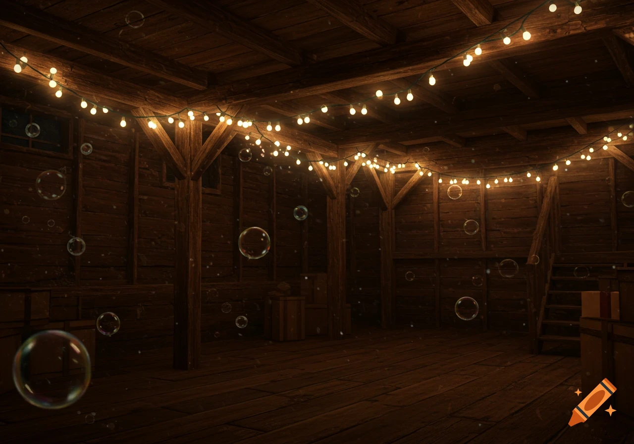 Rustic wooden room illuminated by string lights with floating bubbles.
