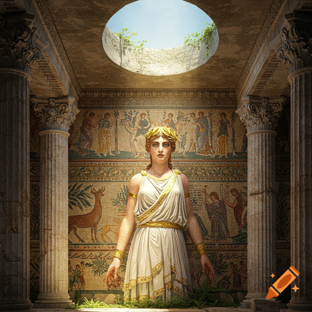 A mosaic-like statue of a Greek goddess in an ancient temple with a domed skylight.