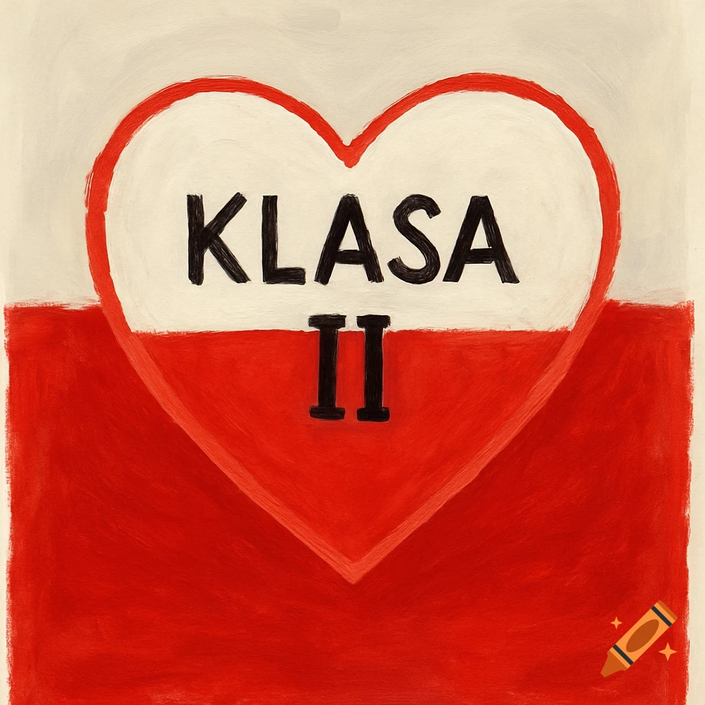 Illustration of a white and red heart with 'KLASA II' written inside.