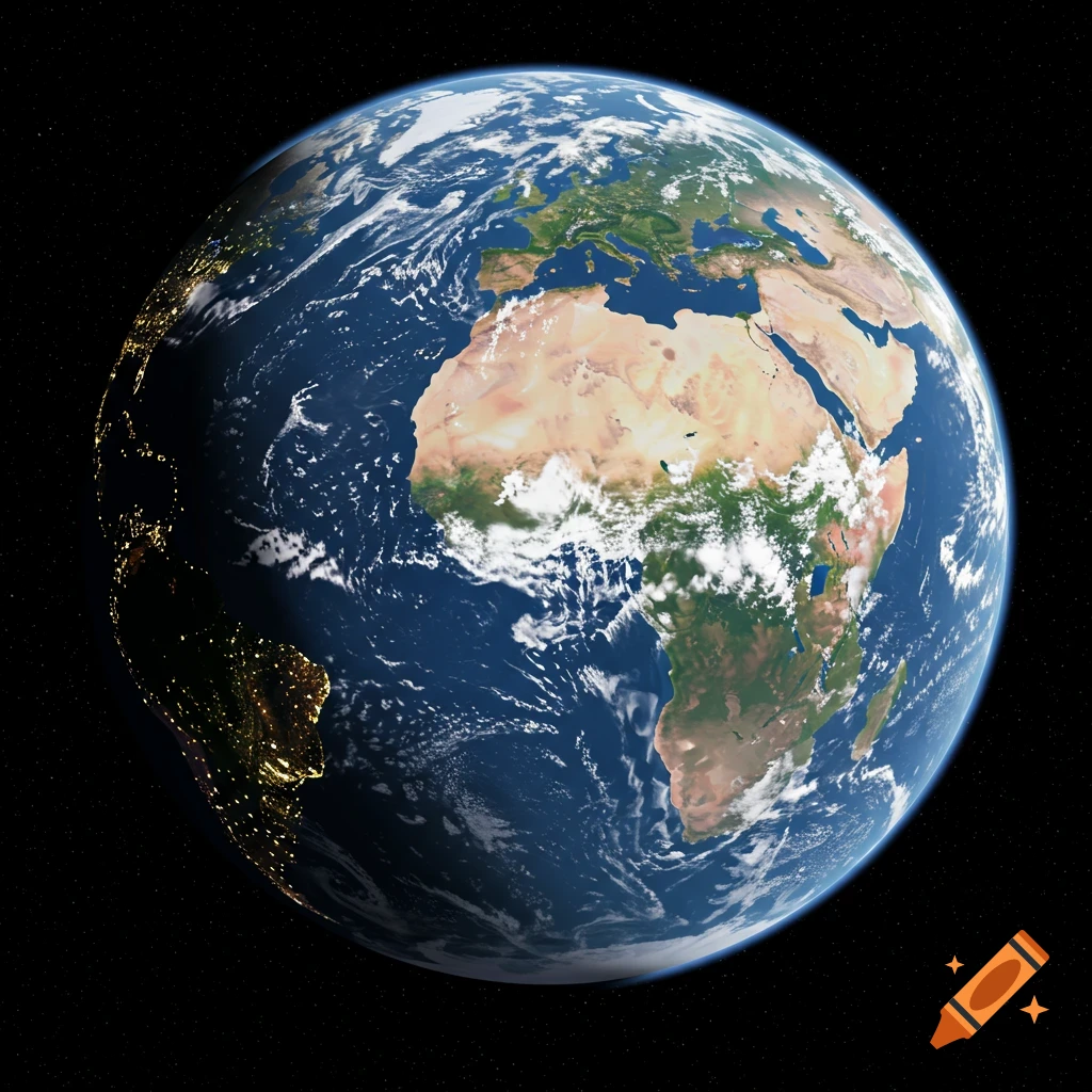 A photorealistic view of the Earth from space, showing continents, clouds, and city lights.