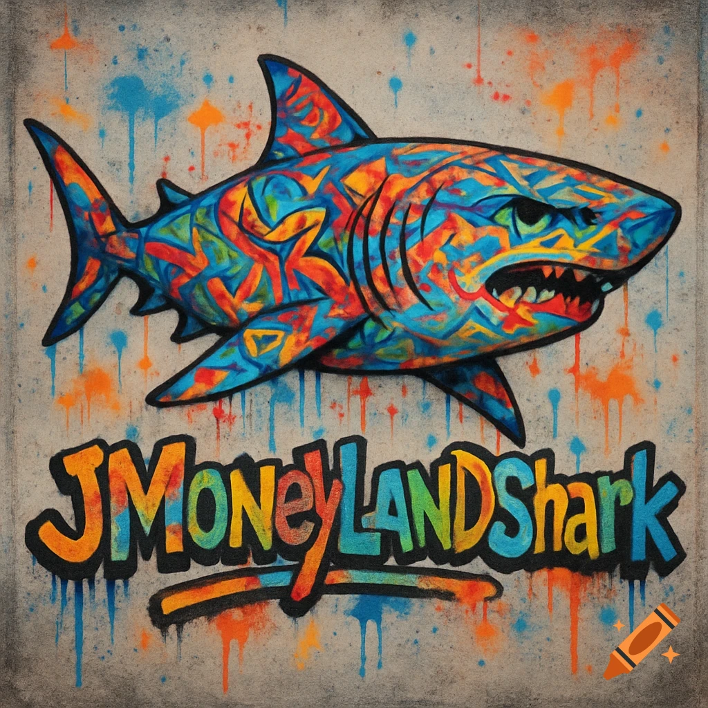 Colorful graffiti shark with text JMoneyLandShark below.
