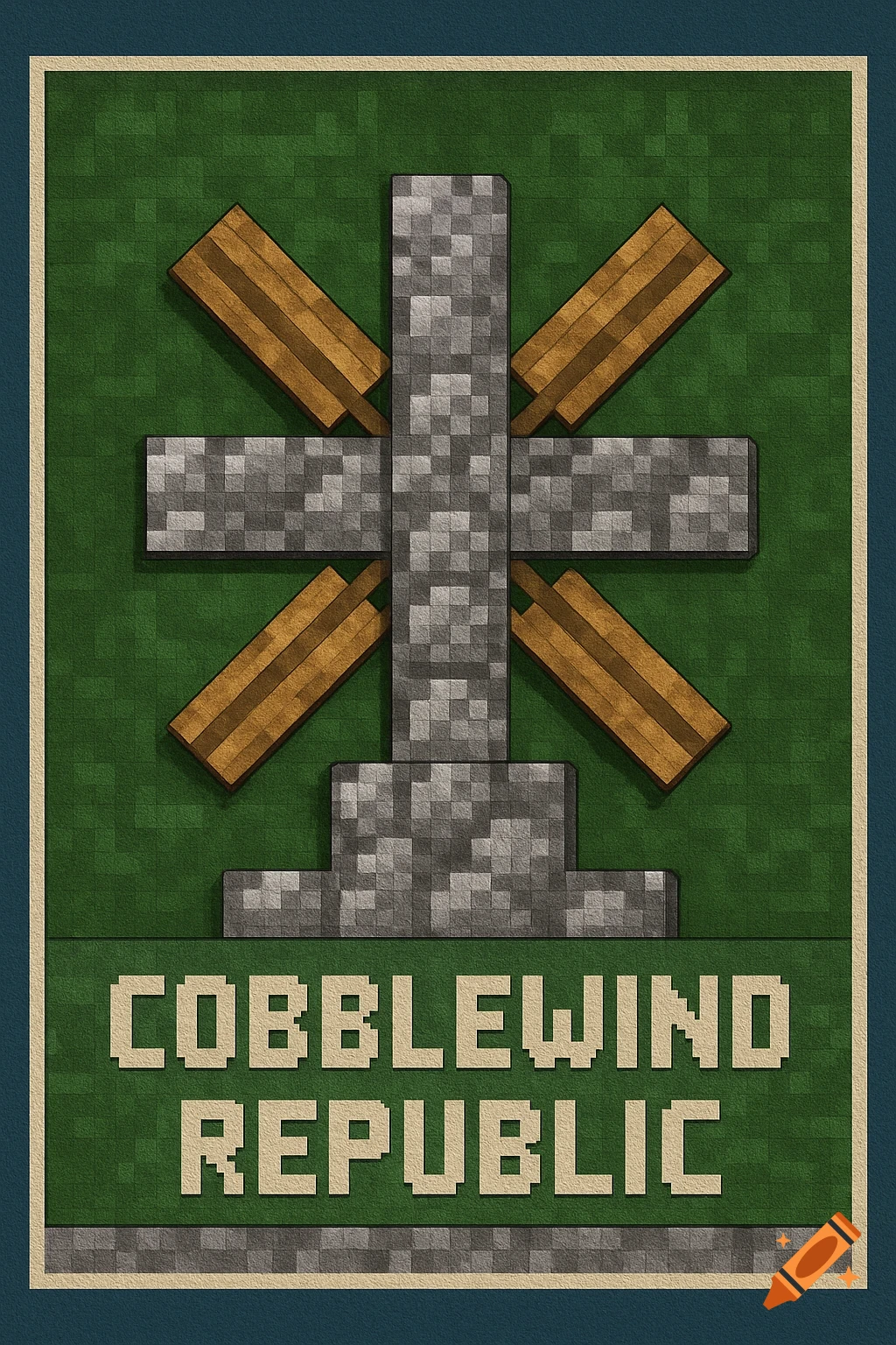 Pixelated Minecraft-style flag with a stone and wood structure and text 'COBBLEWIND REPUBLIC'.