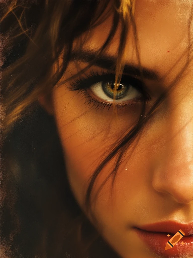 Close-up portrait of a woman's face with hair partially covering one side, focusing on her eye and lips.