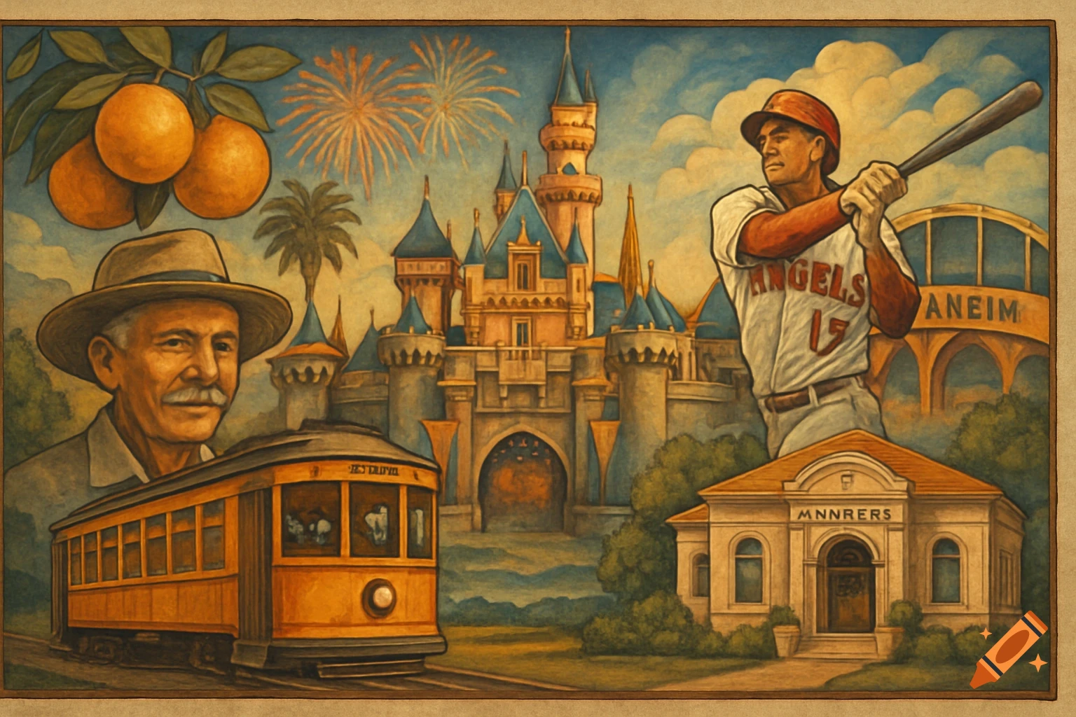 A vintage mural depicting Anaheim's history and culture, with a baseball player, Disneyland castle, oranges, a streetcar, and historical figures.