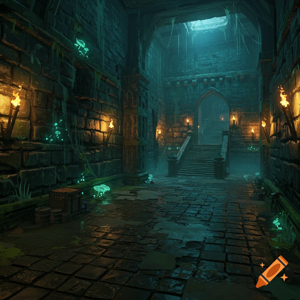 A dark fantasy dungeon hallway with stone walls, torches, and glowing mushrooms leading to stairs.