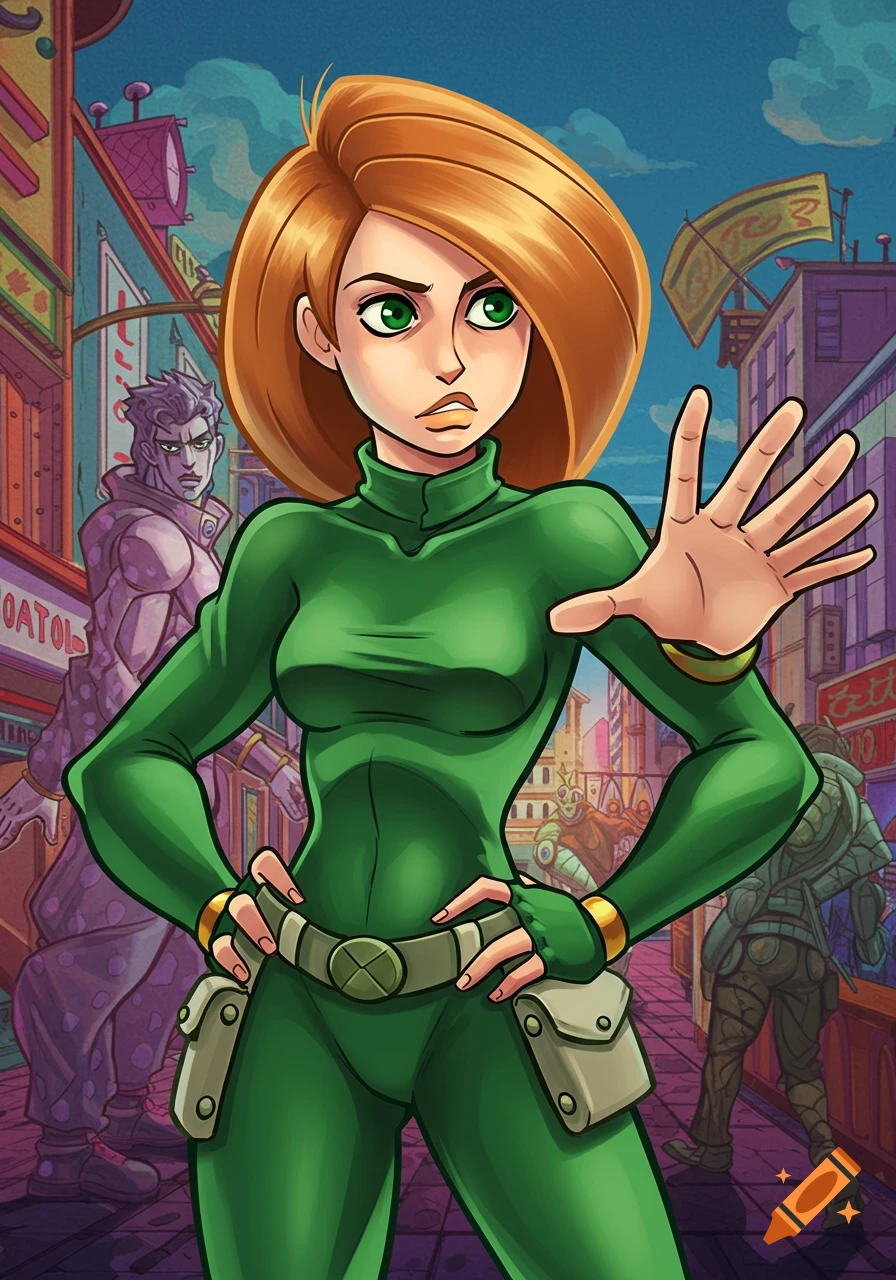 Kim Possible poses in a street scene, stylized in the JoJo's Bizarre Adventure anime art style.