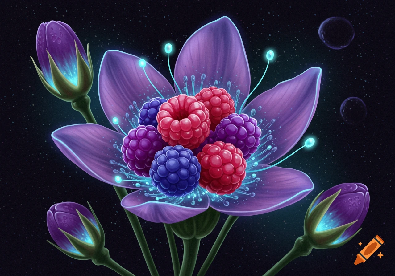 Abstract glowing purple flower with raspberries and blueberries.