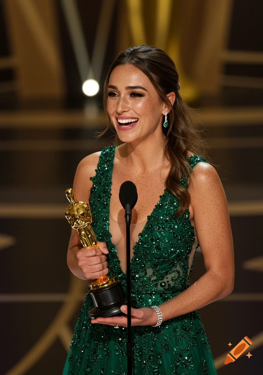 Woman with freckles and ponytail accepts a gold award statue on stage.