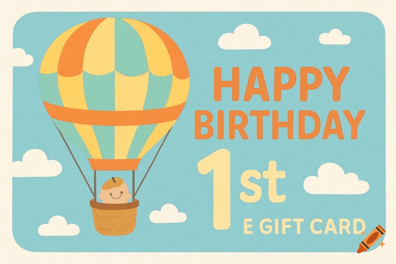 Birthday gift card with hot air balloon, child, and text 'Happy Birthday 1st E Gift Card'.
