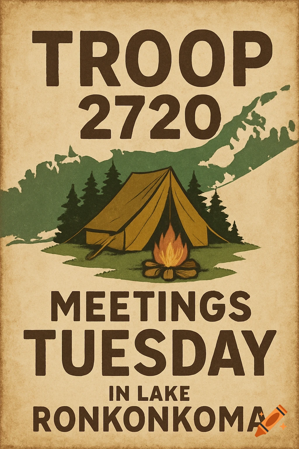 Retro-style poster for Troop 2720 meetings with tent, campfire, trees, and text on a Long Island shape.