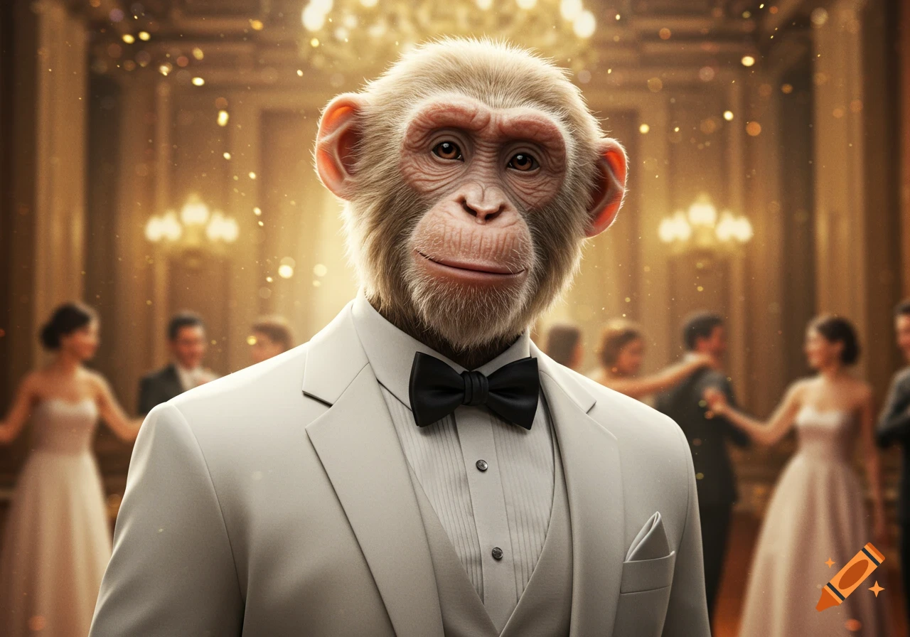 A photorealistic image of a monkey wearing a tuxedo standing at a formal event with blurred people dancing in the background.