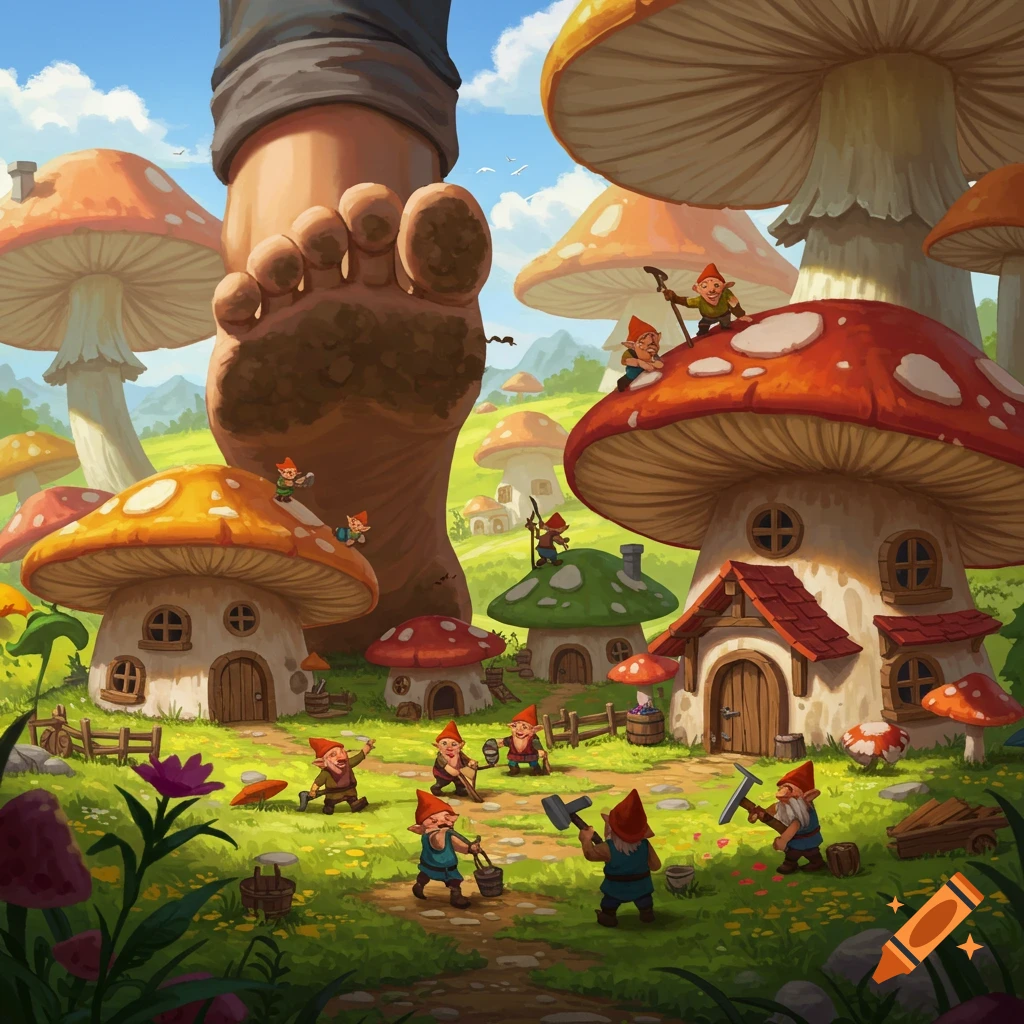 Giant foot steps on a village of gnomes in mushroom houses, fantasy illustration.