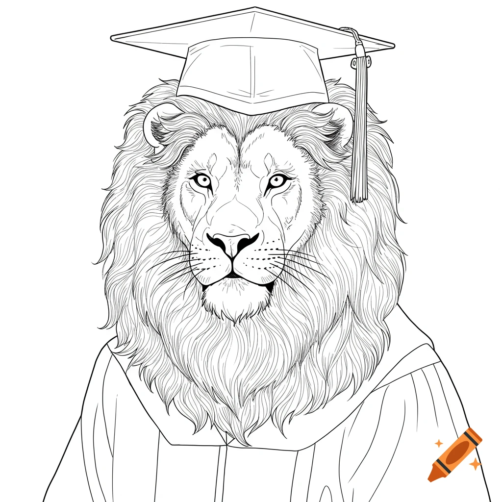 Black and white line drawing of a lion wearing a graduation cap and gown.
