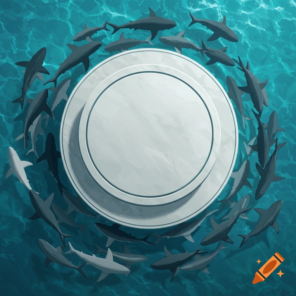Top view of sharks swimming around a white empty platform in the ocean.