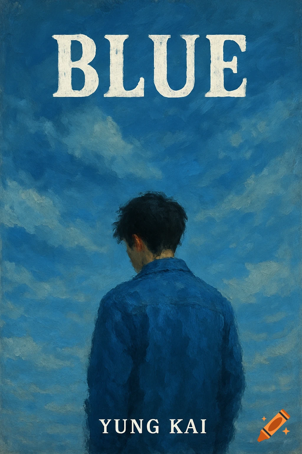 Painting of a person from behind looking at a blue sky, with text 'BLUE' and 'YUNG KAI'.
