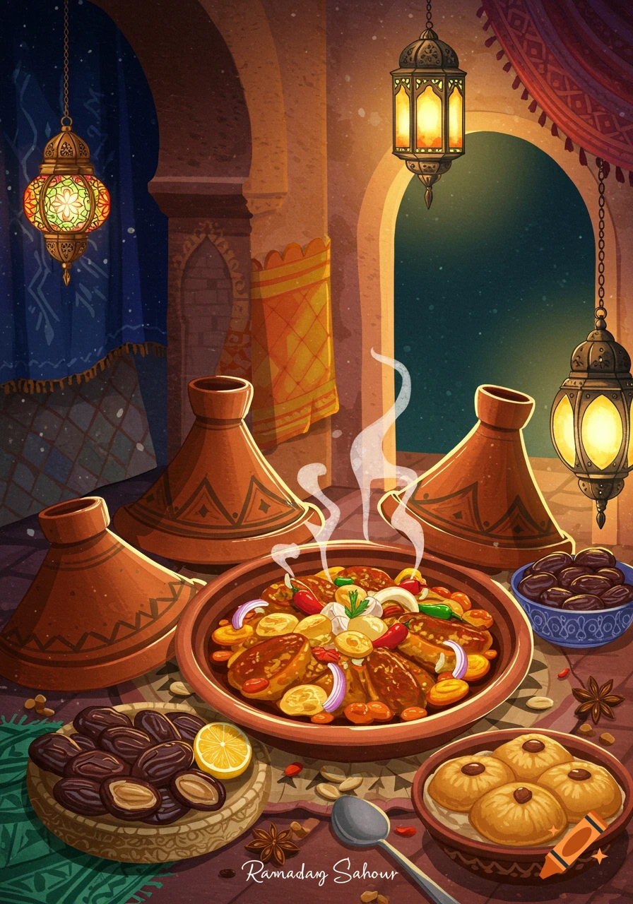 A stylized illustration of a Ramadan Sahour meal with tagine, dates, pastries, and lanterns.