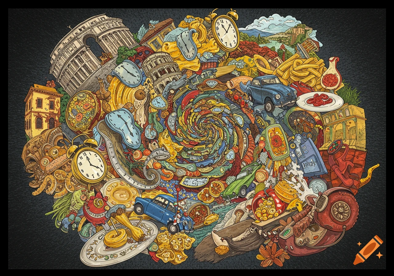 Detailed surreal illustration of swirling Italian landmarks, cars, food, and melting clocks against a dark background.