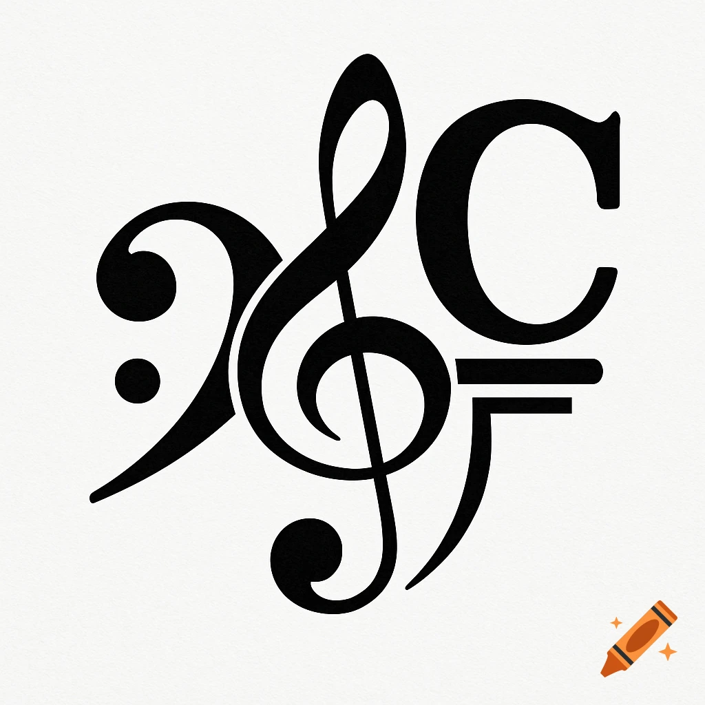 Black graphic combining bass, treble, and C musical clefs with percussion notation.