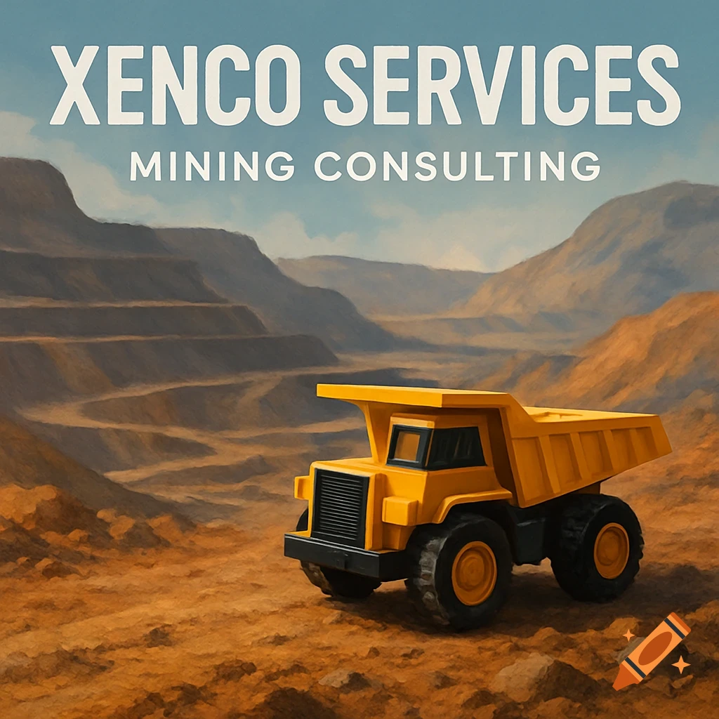A yellow toy mining truck in a mining landscape with the text 'Xenco Services Mining Consulting'.