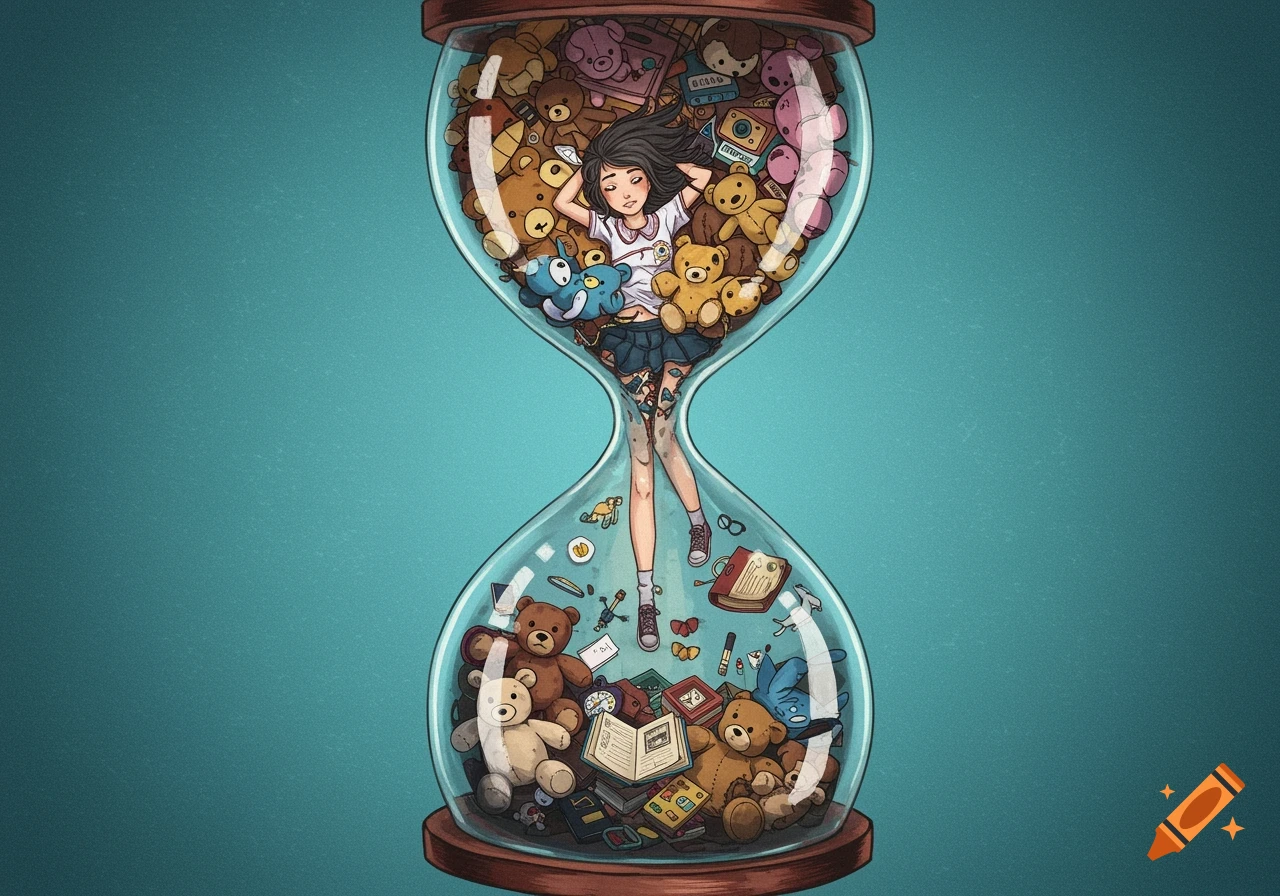 Illustration of a girl inside an hourglass filled with toys and books, representing time passing from childhood to adulthood.