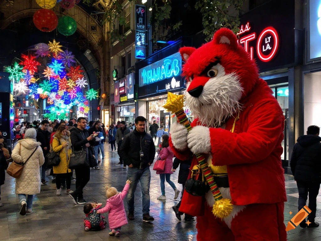 Red furry character in a crowded street with colorful lights and people.