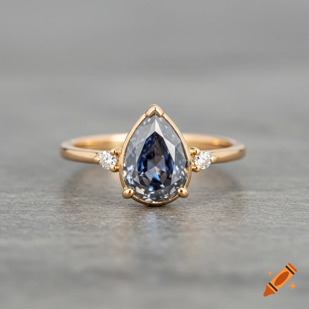 Close-up of a gold ring with a pear-shaped blue-grey gemstone and two small side stones.
