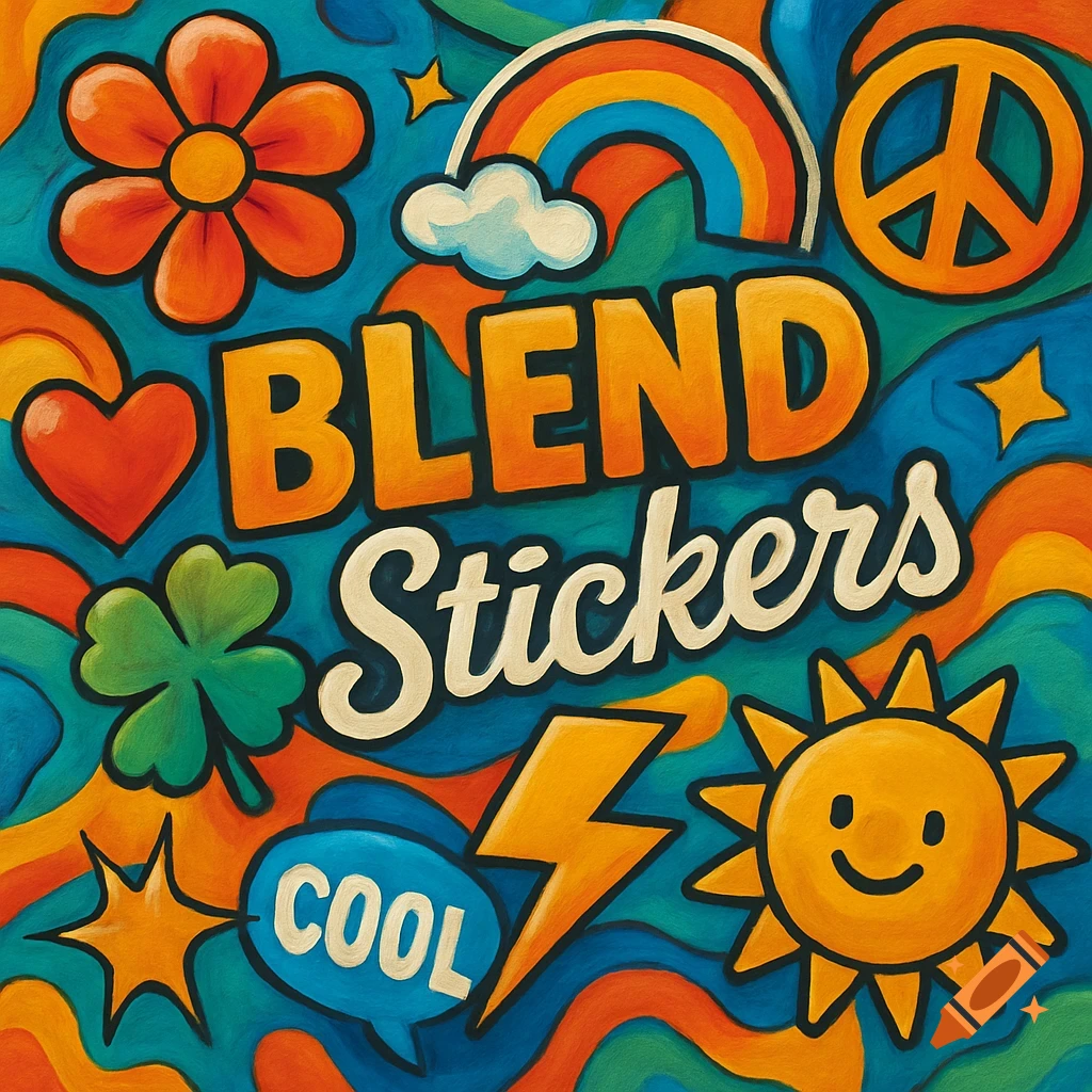 A vibrant, retro-style illustration featuring assorted stickers with text 'BLEND Stickers', a rainbow, sun, peace sign, and other symbols.