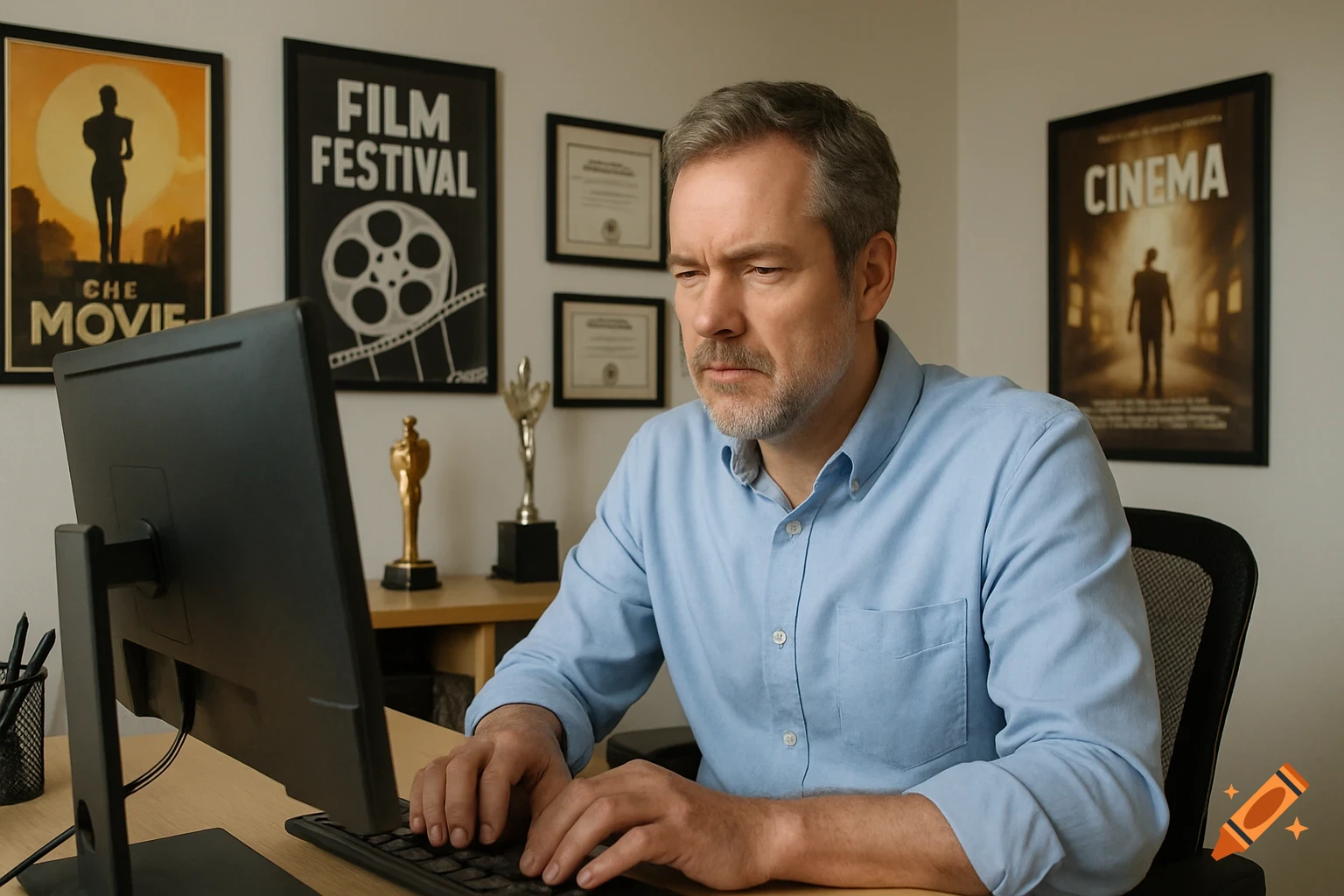 Middle-aged man typing on a computer in an office with film posters.