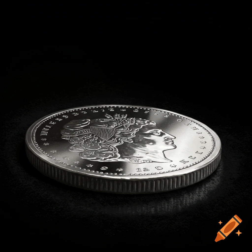 Close-up of a shiny silver coin with a profile and text on a dark background.