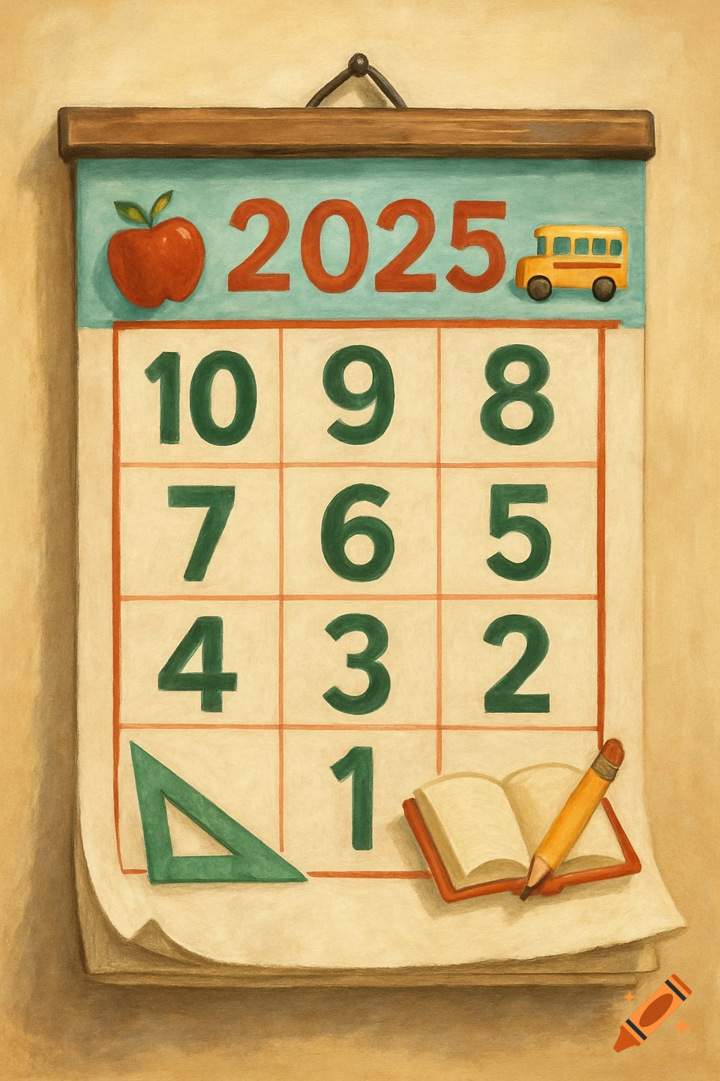 A school-themed calendar for 2025 with numbers 10-1, apple, bus, and school supplies in a painted style.