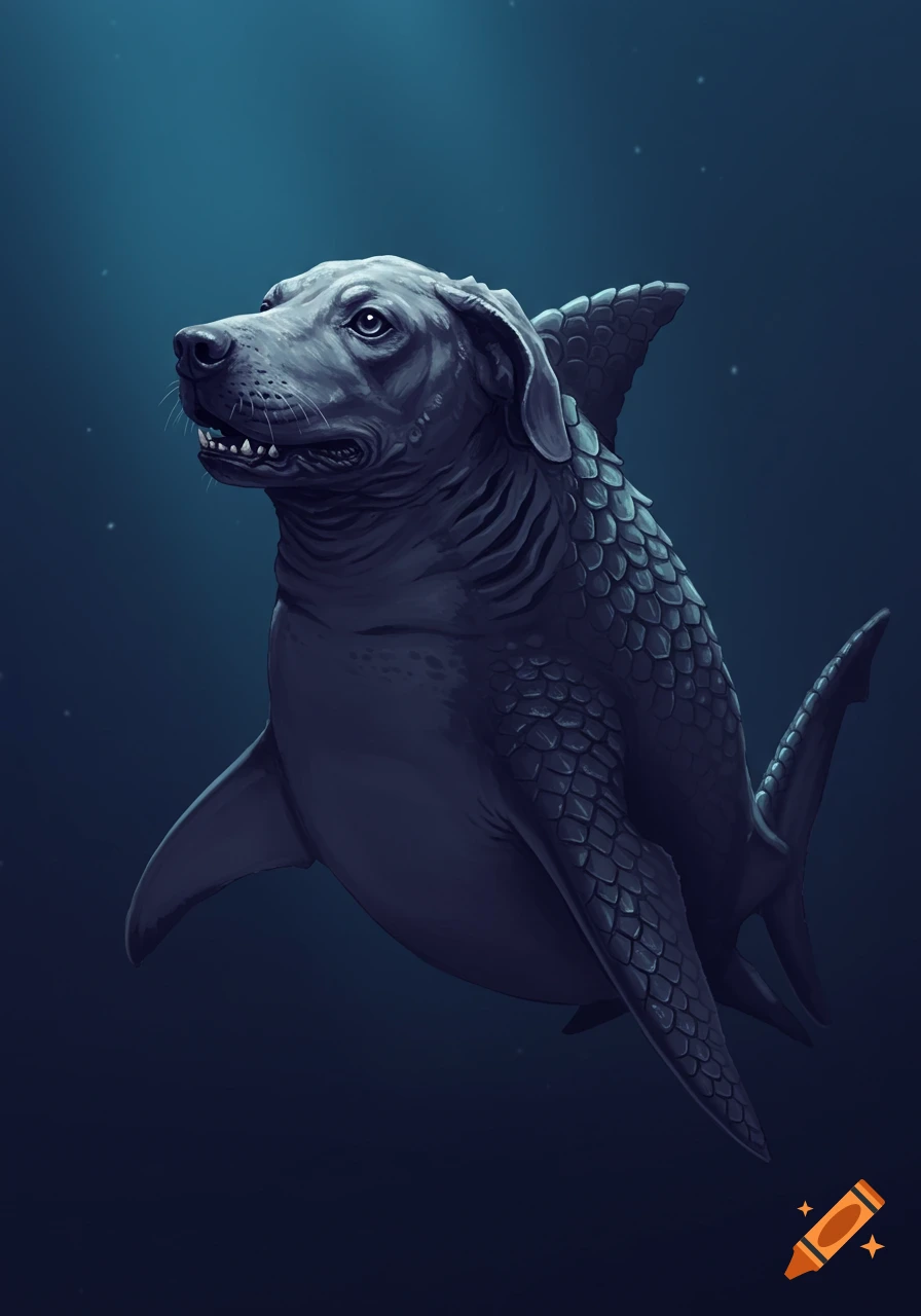A dog's head on a shark body with scales swimming in deep blue water.
