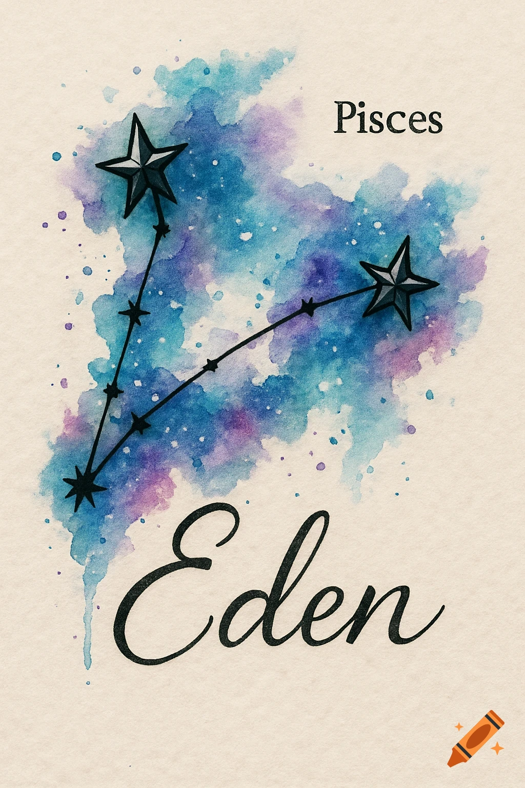 Watercolor Pisces constellation over galaxy background with text 'Pisces' and 'Eden'.