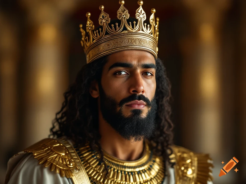 A man with dark curly hair and beard wearing a gold crown and ornate regal attire.