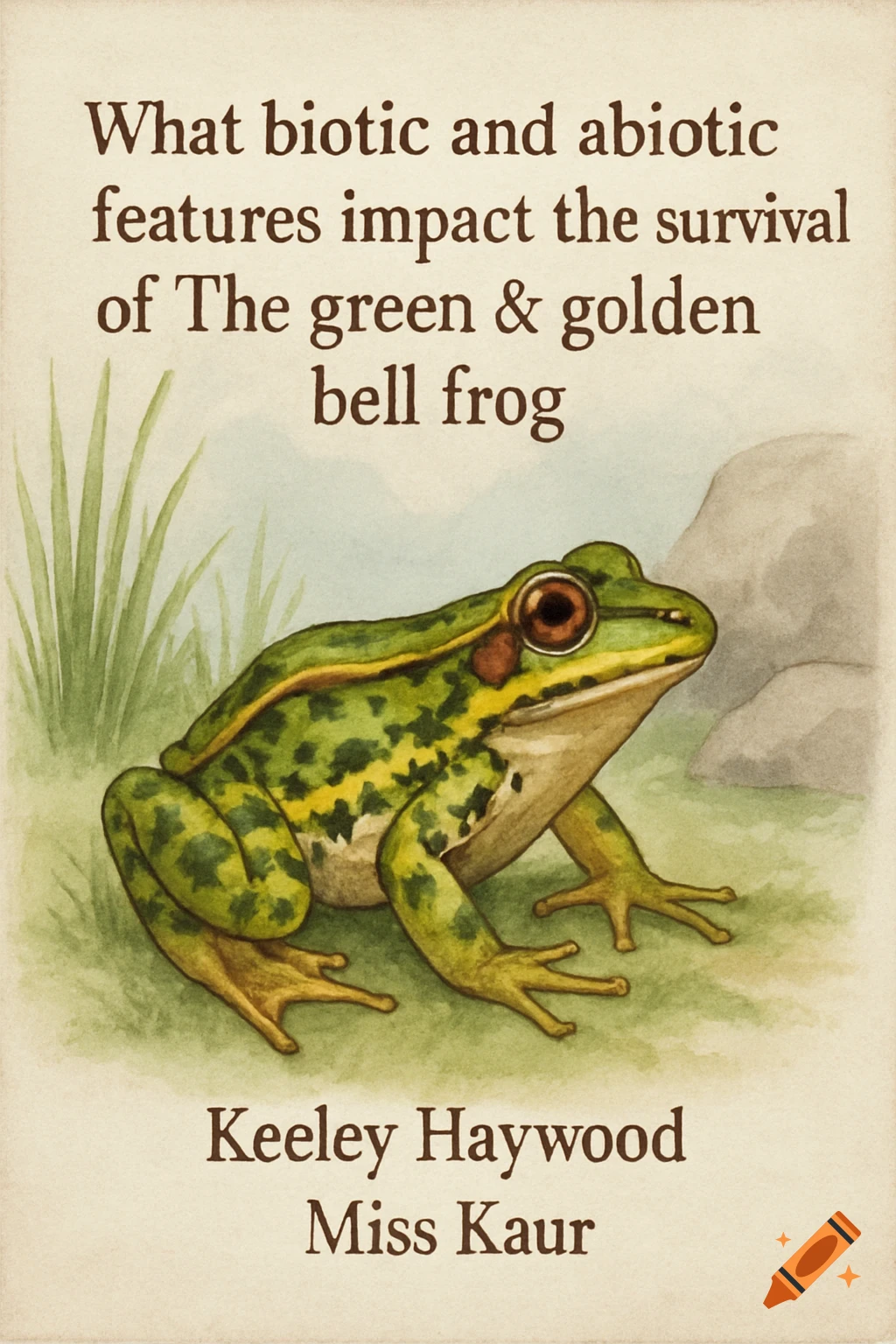 Watercolor illustration of a green and golden bell frog with title text.