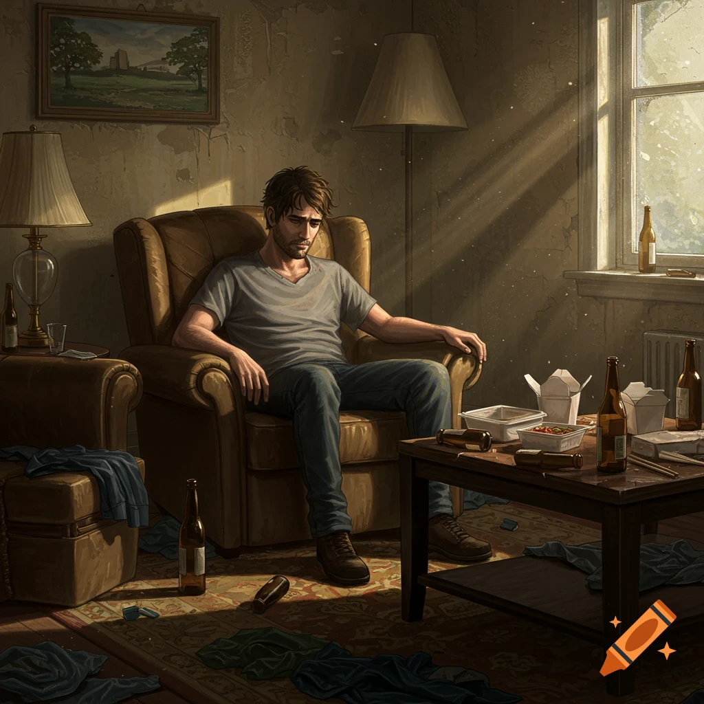 Man sits in armchair in messy, dimly lit apartment with beer bottles. Illustration.
