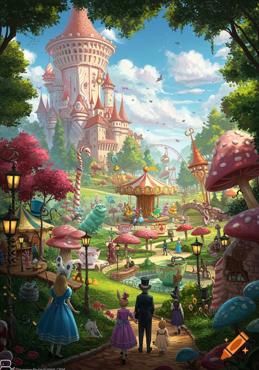 Alice and others look at a whimsical theme park with a castle, carousel, and giant mushrooms.