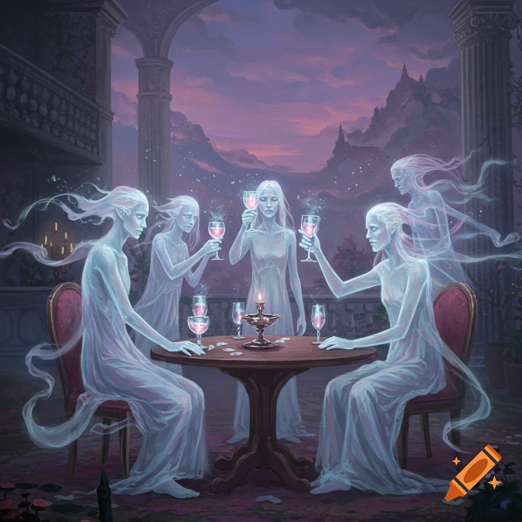 Five translucent figures toast with pink drinks at a table on a balcony overlooking mountains at sunset, fantasy art.